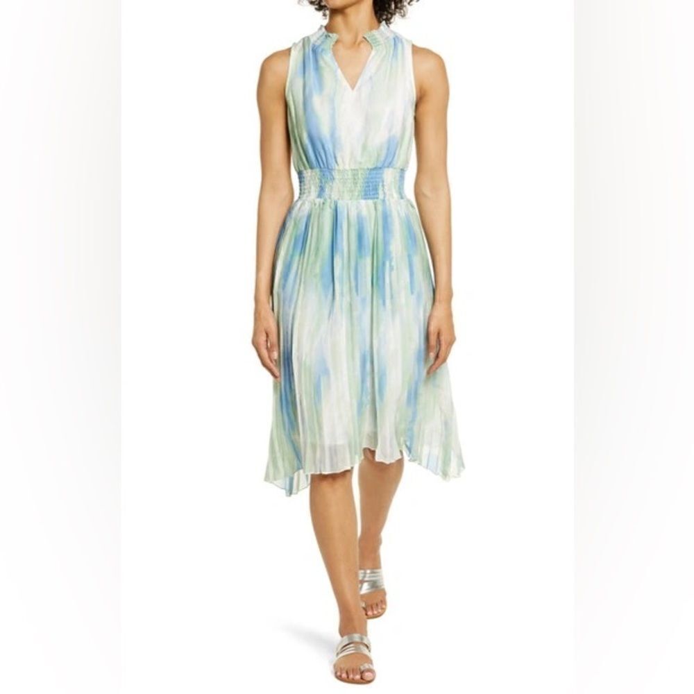 BTFL-Life Tie Dye Pleated Chiffon Dress Blue Green White NWT Size Large